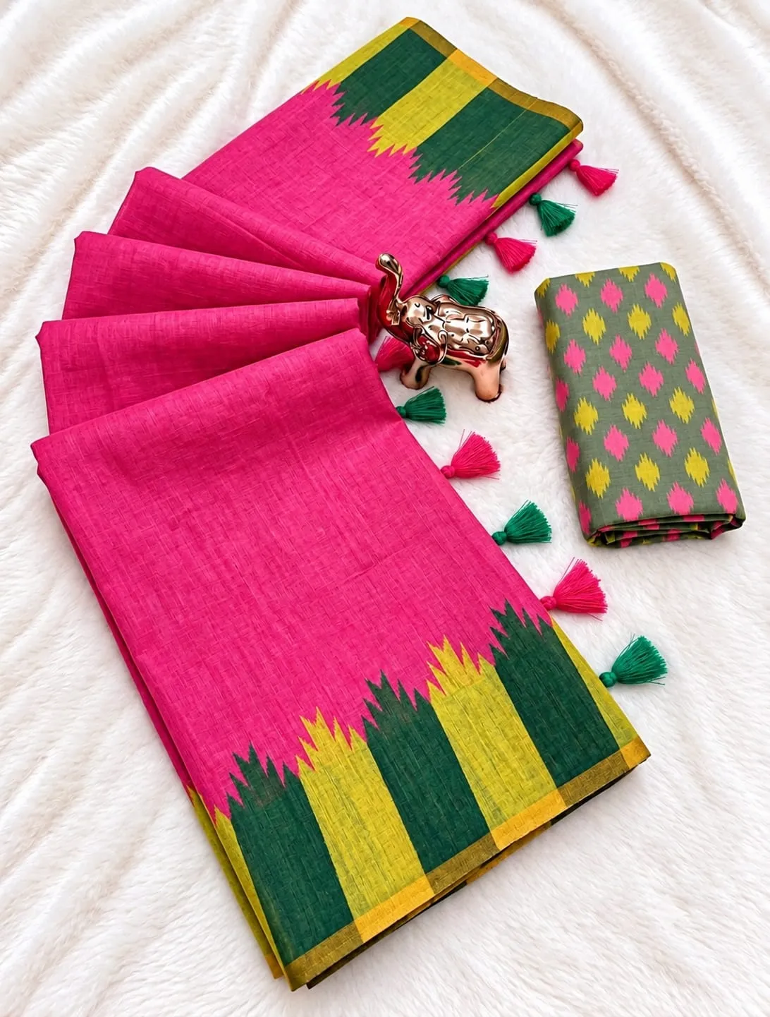 Pink Green Ikat Border Linen Cotton Saree
